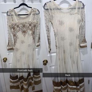 White Indian Dress. Long sleeve, gold work, fur and sequin trim. New condition.